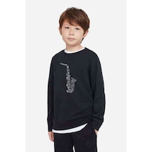 Tshirthane Saksafon Baskılı Unisex Çocuk Siyah Sweatshirt