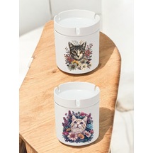 Çiçekler Kedi Baskılı 2'li Küllük - Ofis Kül Tablası, Modern Küllük, Lüks Küllük, Küllükler