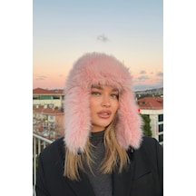 Mollycrush Luxury Kadın Pembe Uzun Tüylü Suni Kürklü Peluş Tüylü Pilot Şapka Pembe