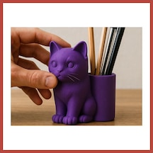 Bezos 3d Baskı Kedi Figürlü Kalemlik - Masaüstü Organizer - Mor Erdotıca