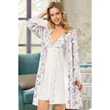 Angel's Story 9530 Kadın Saten İp Askılı Sabahlıklı Pijama Takım-ekru Ekru