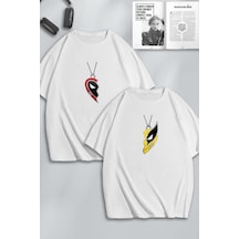 Unisex Erkek Kadın Deadpool Ve Wolverine Baskılı Sevgili Çift Kombini Tasarım Oversize T-shirt 2li Beyaz Mck0595 Beyaz