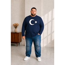 Sngl Tekstil Erkek Büyük Beden Uzun Kollu Ay Yıldız Baskılı Tişört 3xl 4xl 5xl 6xl 7xl 8xl 9xl Lacivert