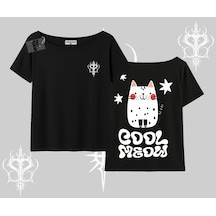 Tarzsokak Cool Meow Yazılı Sevimli Kedi Arka Baskılı Kayık Yaka Tshirt Siyah