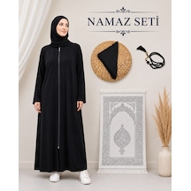 Bilenler Kadın Namaz Seti Fermuarlı Viskon Namaz Elbisesi Örtü İnci Tesbih Seccade M1001 Siyah