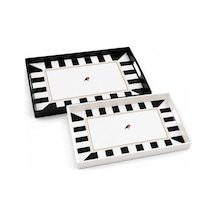 2'li Servis Tepsisi Seti - 38 X 28 X 3,5 Cm Büyük Boy Sunum Tepsisi - Siyah Beyaz Çizgili Desen - Kulplu Plastik Kahvaltı Çay Kahve İkram Seti - Mutfak Salon Balkon Ve Davet Kullanımı