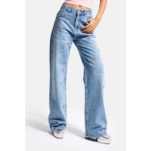 Itsbasic Kadın Mavi T1-12s6-99 Straight Fit Parlak Yıldız Taşlı Özel Tasarım Denim Jean