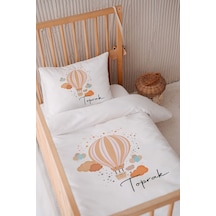 %100 Pamuk Saten Isme Özel Isimli 100x150 Bebek Yatak Nevresim Seti Turuncu Balon Ve Bulutlar