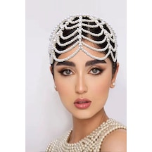 Caş Dekorasyon Beyaz Renk İncili Gelin/kına/nişan/bride Tasarım Taç Beyaz