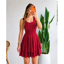 Veraura Lifestyle Kadın Askılı Yuvarlak Yakalı Fırfırlı Kısa Sandy Elbise Kırmızı