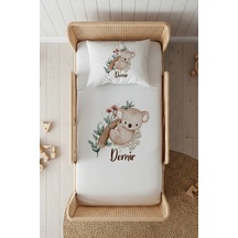 %100 Pamuk Saten İsme Özel İsimli 100x200 Tek Kişilik Lastikli Çarşaf Seti Koala Beyaz