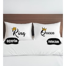 Bk Gift Kişiye Özel King&queen Tasarımlı Pamuklu Yastık Kılıfı Ve Göz Bandı Çift Uyku Seti, Tasarım Ev Tekstili, Uyku Bandı, Ev Hediyesi