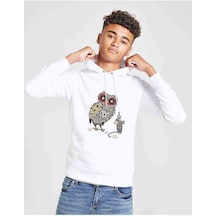 Tshirthane Baykuş Ve Fare Baskılı Unisex Çocuk Kapüşonlu Beyaz Sweatshirt (528978998)