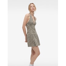 Koton Kolsuz Pileli Mini Ekoseli Halter Yaka Elbise Kahverengi Ekose 6sal80112ıw