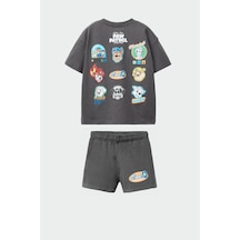 Erkek Çocuk Pamuklu Baskılı Tshirt Ve Şort Alt Üst Takım Antrasit
