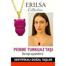Erilsa Sertifikalı Gold Baykuş Model Pembe Turkuaz Taşı Kolye Sevgi Ve H Çok Renkli