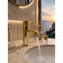 Lüx Gold Premium Sabit Lavabo Bataryası Pirinç Ağır Gövde Çift Su Girişli Lüx Lavabo Bataryası Çeşmesi Musluğu Altın