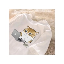 Tarzsokak Beyaz Karikatür Anime Çalışma Kedi Baskı Çift Yuvarlak Boyun Yaz Gevşek Ka