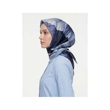 Bushu Çiçek Ve Desenli Twill Eşarp Lacivert Sevgi