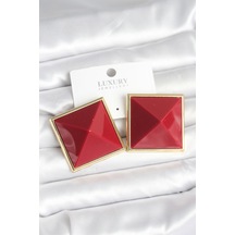 Pirinç Gold Renk Bordo Piramit Model Kadın Küpe - Bordo