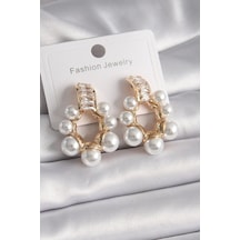 Pirinç Gold Renk Zirkon Taşlı Su Yolu İncili Halka Model Kadın Küpe Çok Renkli