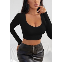 Kadın Siyah Uzun Kol Kare Yaka Crop Top Bluz