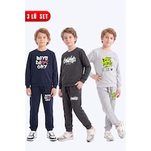 Fyk Kids 3'lü Erkek Çocuk Baskılı Bisiklet Yaka Çift Cepli Eşofman Takımı Lacivert-füme-gri