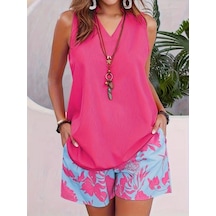 Defymoda Kadın Askılı V Yakalı Sandy Bluz Ve Desenli Short Ikili Takım Pembe