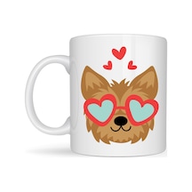 Sevimli Yorkshire Terrier Tasarımlı Porselen Kupa Model 49 Kalpli Gözlüklü Köpek Desenli, Hediye Kupası Diğer