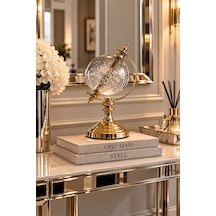 Sahra Modern Gold Ayaklı Dekoratif Cam Dünya Küre Obje Biblo 28cm Altın