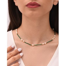 Kuyumcudukkani Yeşil Boncuk Taşlı Ve Hakiki İncili Trend Kolye-29239-g-grn Gold