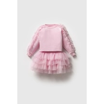Magu Pembe Pamuklu Fırfırlı Sweatshirt Tüllü Etek Alt-üst Takım Kız Çocuk Pembe