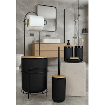 Beyaz Yuvarlak Mina Due Standlı Wc Kağıtlık Ve 6 Parça Banyo Seti Siyah