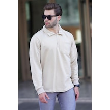 Madmext Bej Polo Yaka Fermuarlı Uzun Kollu Erkek Sweatshirt 7057 Ekru