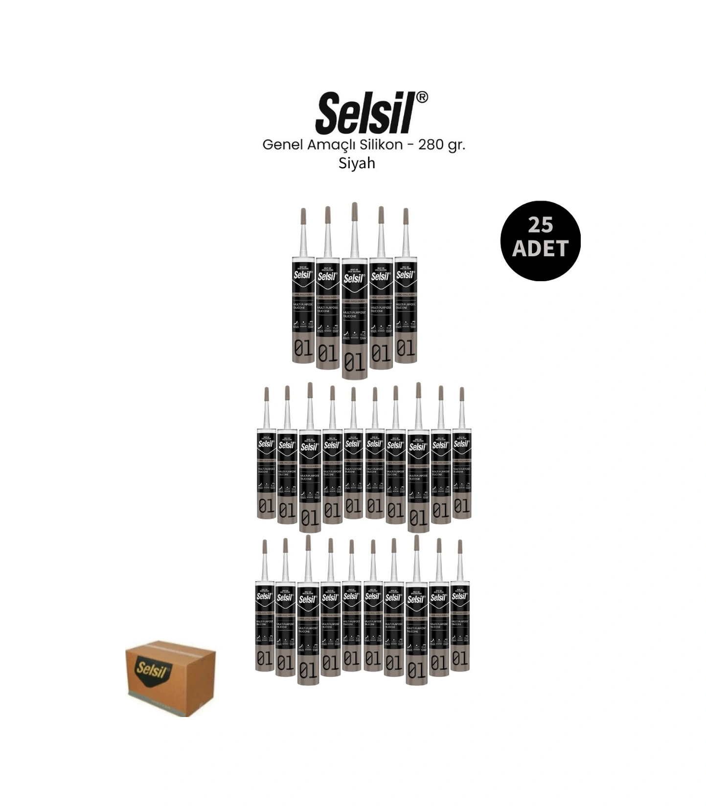 Selsil Genel Amaçlı Siyah Silikon 280 Gr. 25 Adet Siyah