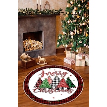 Yılbaşı Temalı Merry Christmas Dijital Baskılı Yıkanabilir Yuvarlak Halı Beyaz