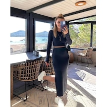 Defymoda Kadın Soft Kaşkorse Kumaş Bluz Ve Yırtmaç Detaylı Etek Ikili Takım Siyah