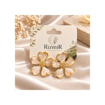 Gold Çerçeveli Çiçek Form Kadın Küpe Krem