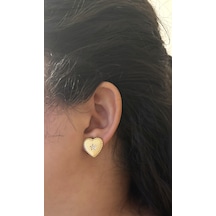 Kadın Kalp Model Yıldız Detay Taşlı Gold Renk Çelik Küpe Gold