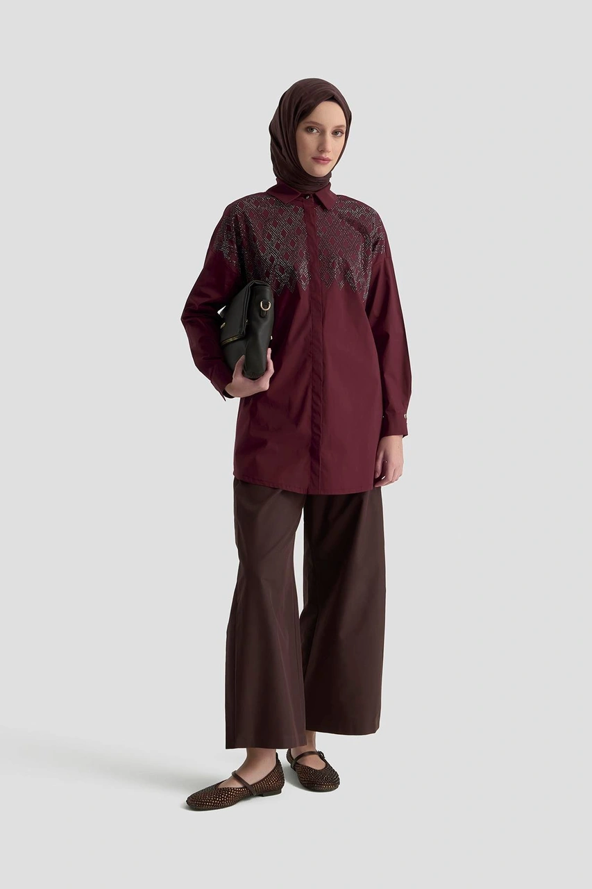 Armine Trend Taş İşlemeli Gizli Düğmeli Tunik-vişne 25kt419 Vişne