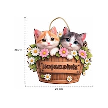28-25 Cm Hoş Geldin Kedi Çiçek Dekorlu Ahşap Kapı Süsü, Kapı Bahçe Önü Süsü Genel