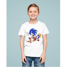 Sevbano Kaykaycı Sonic Baskılı Unisex Çizgi Film Çocuk Tişört 1-12 Yaş Beyaz