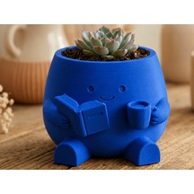 3d Baskı Kitap Okuyan Saksı - Kupa Tutan Sevimli Saksı-mavi Çok Renkli