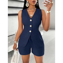 Moderie Butik Kadın Sıfır Kollu Önden Düğmeli Ithal Krep Ceket Ve Short Ikili Takım Lacivert