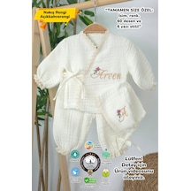 Gros Shop Müslin Yeni Doğan 4katlı Organik %100pamuk Kişiye Özgü Nakışlı Hastane Çıkış Seti-papatya Ekru-3