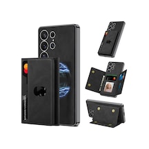 Samsung Galaxy S25 Ultra İle Uyumlu Kılıfı Kartlıklı Stand Olabilen M-safe Şarj Özellikli Kamera Lens Korumalı Suni Deri Tasarımlı Kapak Kıpta Siyah