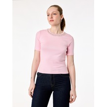Koton Regular Fit Kısa Kollu İnci Detaylı Bisiklet Yaka Viskon Tişört Pembe 6sak50006uk Gül