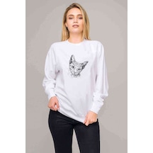 Kedi Çizim Sevimli Kedi Baskılı Beyaz Kadın Sweatshirt