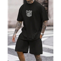 Challange 80 T-shirt Şort - Siyah Alt Üst Takım Şort Tişört Kombin Baskılı Bisiklet Yaka Siyah