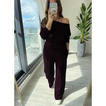 Kadın Uzun Kollu Tek Omuzdan Açık Modal Bluz Ve Pantolon Ikili Mürdüm Takım Bordo